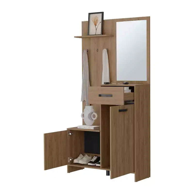 Appendiabiti da Ingresso Moderno con 3 Ganci e Specchio, Attaccapanni Autoportante con Ampio Spazio, Appendiabiti per Soggiorno, Camera da Letto, Rovere Chiaro