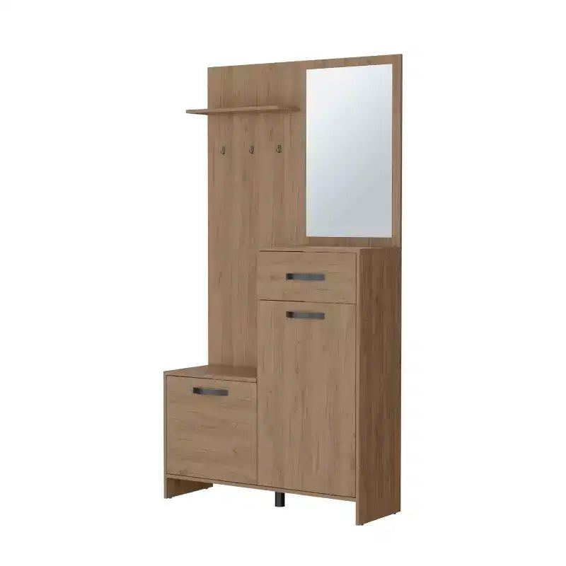 Appendiabiti da Ingresso Moderno con 3 Ganci e Specchio, Attaccapanni Autoportante con Ampio Spazio, Appendiabiti per Soggiorno, Camera da Letto, Rovere Chiaro