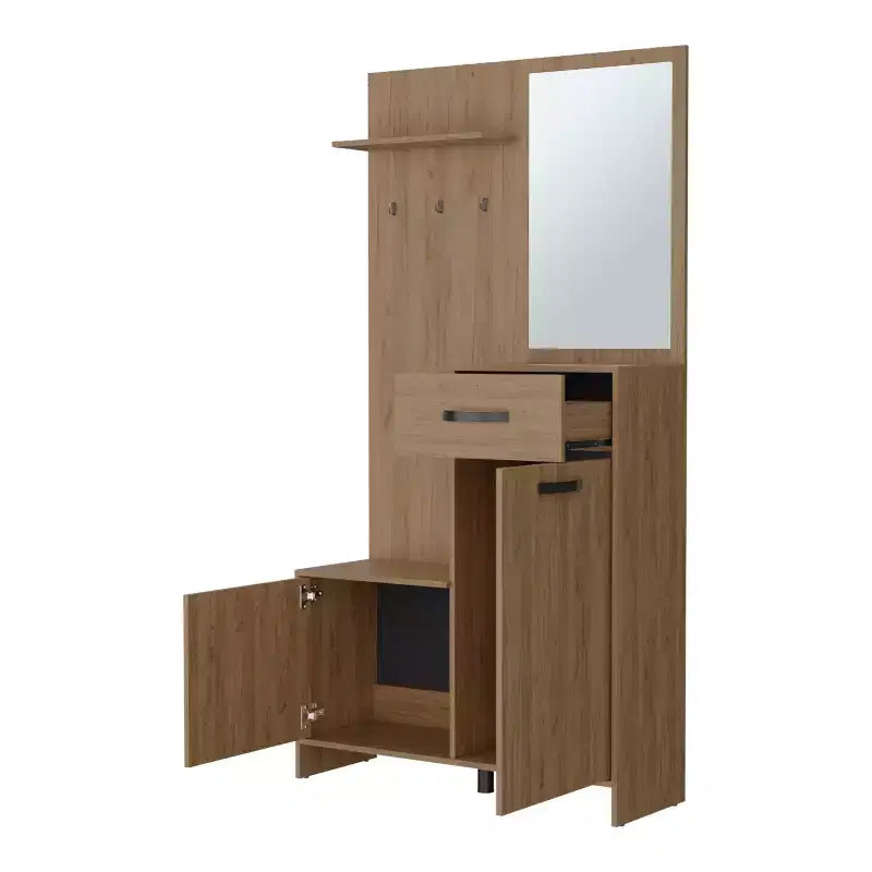 Appendiabiti da Ingresso Moderno con 3 Ganci e Specchio, Attaccapanni Autoportante con Ampio Spazio, Appendiabiti per Soggiorno, Camera da Letto, Rovere Chiaro