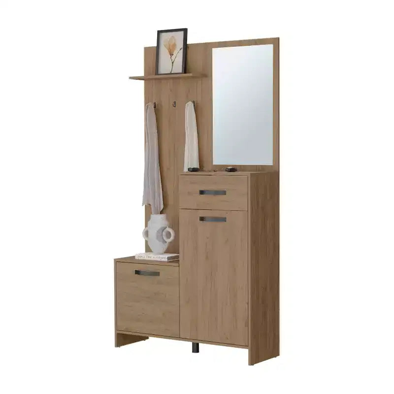 Appendiabiti da Ingresso Moderno con 3 Ganci e Specchio, Attaccapanni Autoportante con Ampio Spazio, Appendiabiti per Soggiorno, Camera da Letto, Rovere Chiaro