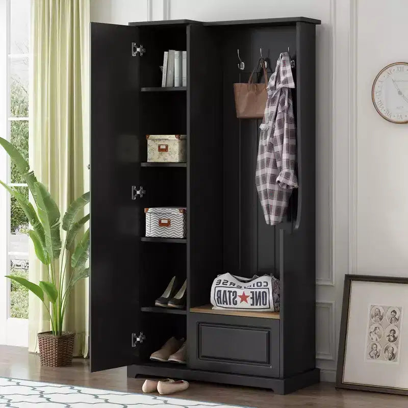 Elegante mobile appendiabiti da ingresso con panca a ribalta, appendiabiti con scarpiera e ripiani regolabili, albero appendiabiti con ganci per ingressi, nero