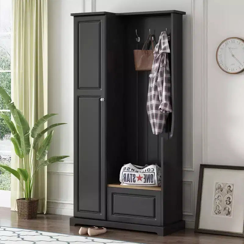 Elegante mobile appendiabiti da ingresso con panca a ribalta, appendiabiti con scarpiera e ripiani regolabili, albero appendiabiti con ganci per ingressi, nero
