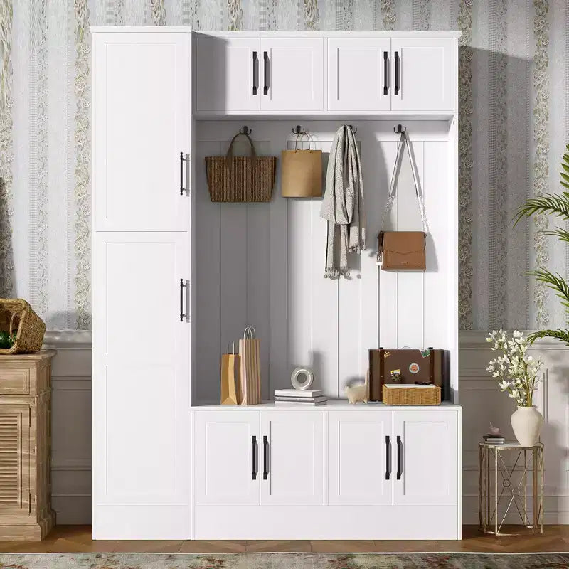 Okak 79IN Modern Hall Tree with 6 Cabinets and 4 Coat Hooks, Coat Rack with Shoe Storage Bench and Adjustable Shelf for Hallway, Living Room, White