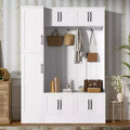 Okak 79IN Modern Hall Tree with 6 Cabinets and 4 Coat Hooks, Coat Rack with Shoe Storage Bench and Adjustable Shelf for Hallway, Living Room, White