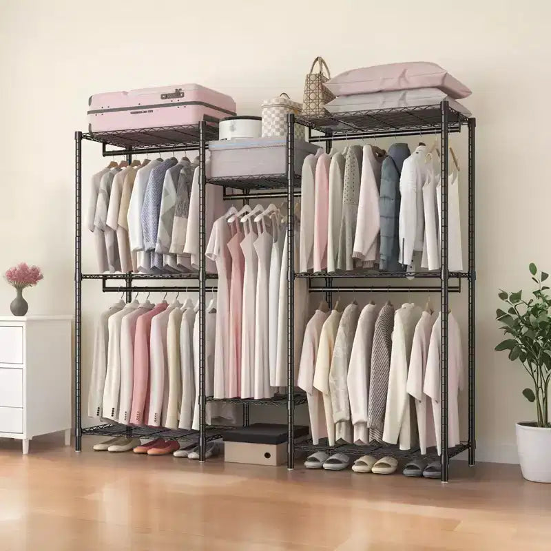 Okak Heavy Duty Freestanding Coat Rack with 8 Adjustable Wire Shelving, Hall Tree with 5 Clothes Rails, Storage Rack for Bedroom, Black