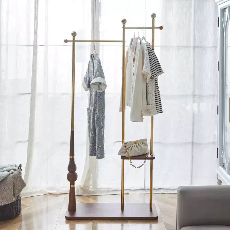 Albero d'ingresso con mensole in legno e struttura in acciaio inossidabile, appendiabiti industriale dal design elegante, porta cappotti per soggiorno, camera da letto, Oro