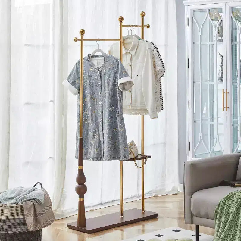 Albero d'ingresso con mensole in legno e struttura in acciaio inossidabile, appendiabiti industriale dal design elegante, porta cappotti per soggiorno, camera da letto, Oro