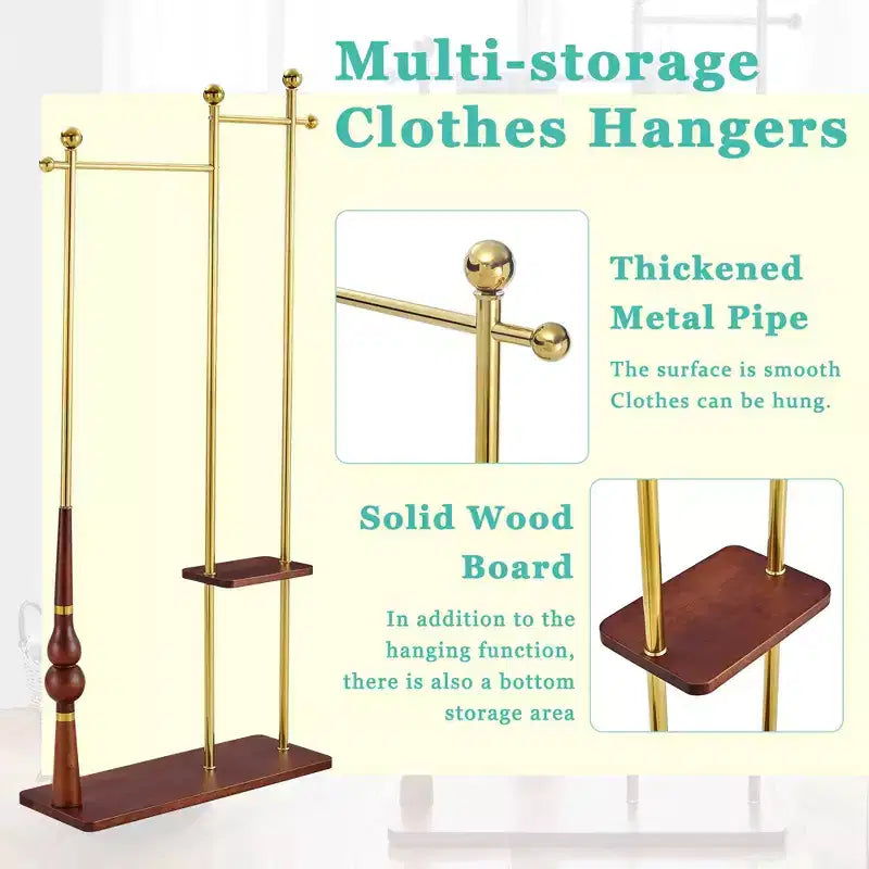 Albero d'ingresso con mensole in legno e struttura in acciaio inossidabile, appendiabiti industriale dal design elegante, porta cappotti per soggiorno, camera da letto, Oro
