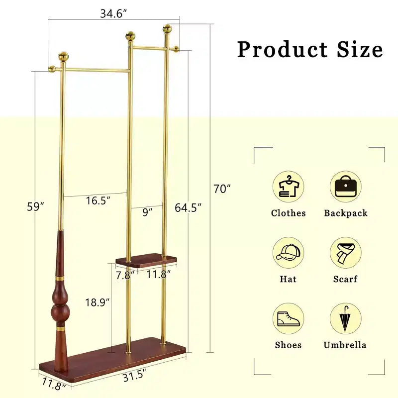 Albero d'ingresso con mensole in legno e struttura in acciaio inossidabile, appendiabiti industriale dal design elegante, porta cappotti per soggiorno, camera da letto, Oro