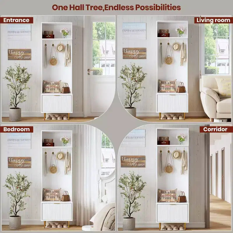 74 Hall Tree con panca e vano portaoggetti, appendiabiti con panca per scarpe, appendiabiti da ingresso, Hall Tree con 4 ganci dorati e gambe in metallo per soggiorno