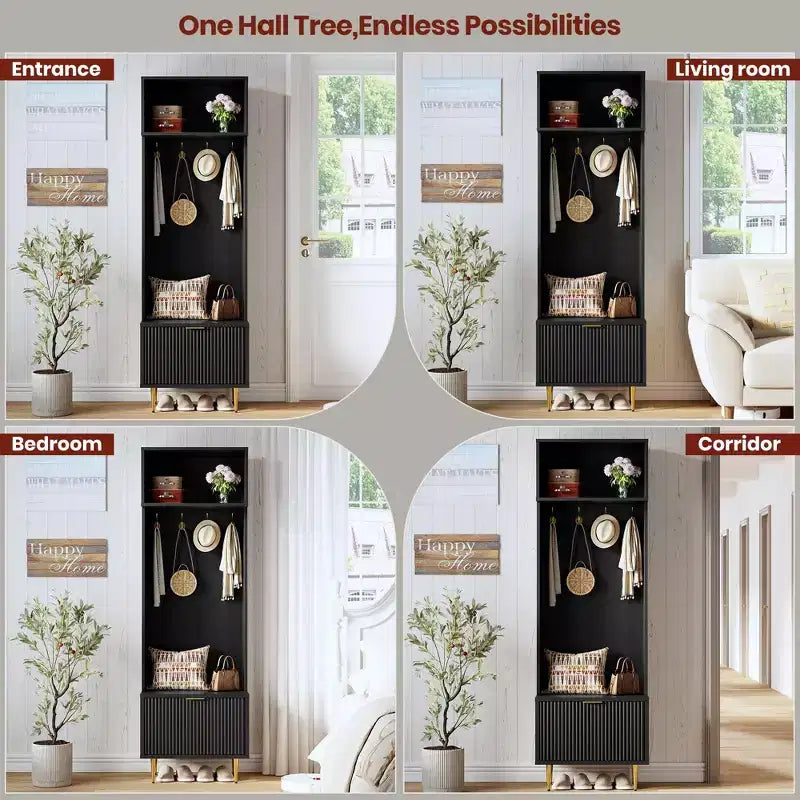 74 Hall Tree con panca e vano portaoggetti, appendiabiti con panca per scarpe, appendiabiti da ingresso, Hall Tree con 4 ganci dorati e gambe in metallo per soggiorno