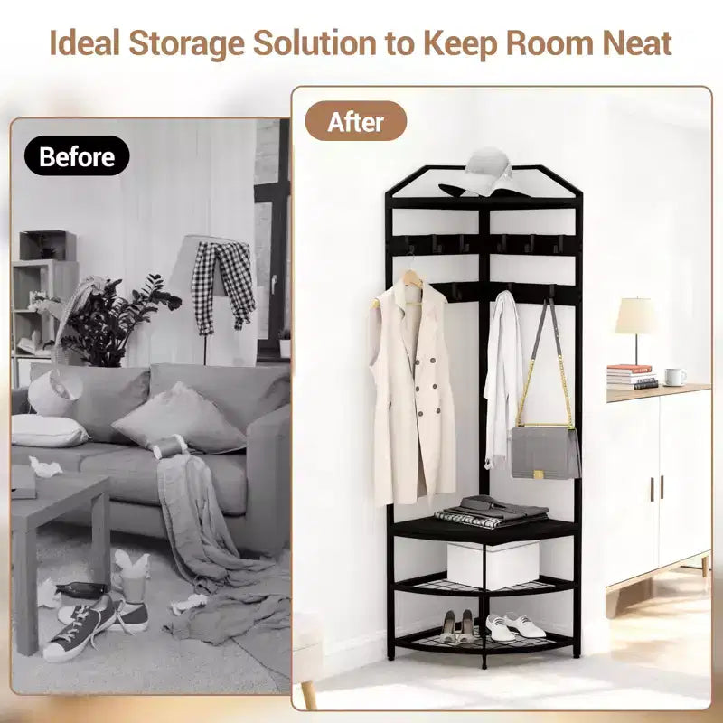 Appendiabiti ad angolo con scarpiera, Attaccapanni da ingresso con ganci, Appendiabiti autoportante in metallo con ripiano portaoggetti per casa, camera da letto, soggiorno