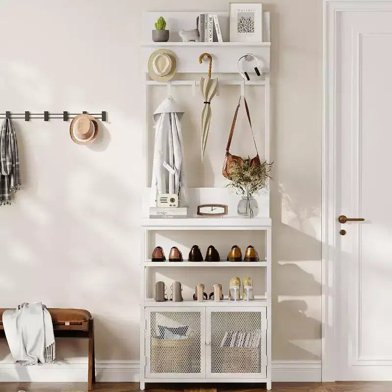 Appendiabiti da Ingresso con Scarpiera, 185cm Mobile Ingresso Salvaspazio Bianco con 7 Ganci 3 Ripiani Scarpiera Struttura in Metallo e Mobiletto in MDF per Ingresso/Camera da Letto/Corridoio