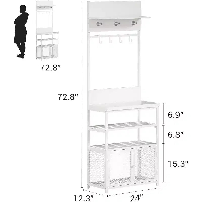 Appendiabiti da Ingresso con Scarpiera, 185cm Mobile Ingresso Salvaspazio Bianco con 7 Ganci 3 Ripiani Scarpiera Struttura in Metallo e Mobiletto in MDF per Ingresso/Camera da Letto/Corridoio