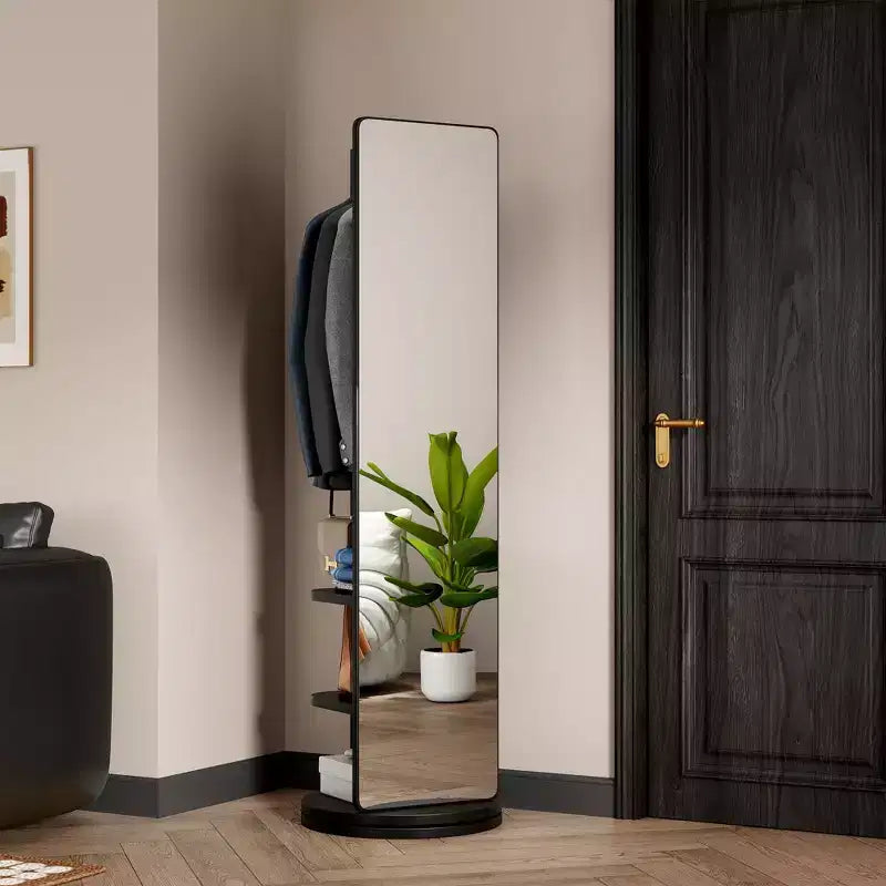 TUYOHW Modern Rotating Full Length Mirror with Functional Hook Coat Rack,Freestanding Floor Mirror for Bedroom,Dressing Room,Black