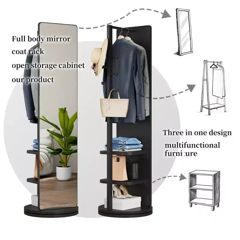 Specchio Rotante a Figura Intera Moderno con Appendiabiti Girevole Funzionale, Specchio da Terra Autoportante per Camera da Letto, Cabina Armadio, Nero