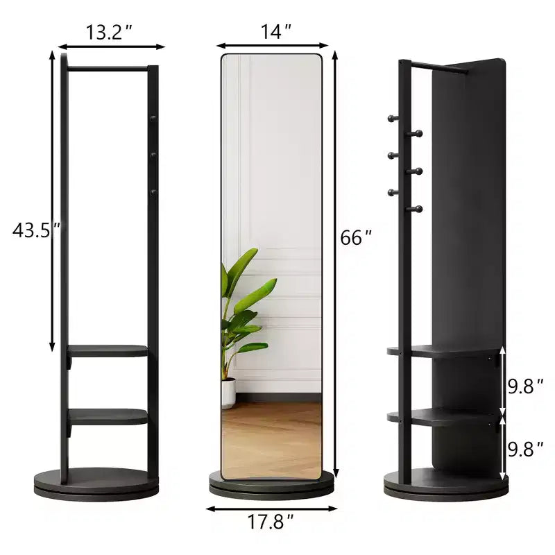 Specchio Rotante a Figura Intera Moderno con Appendiabiti Girevole Funzionale, Specchio da Terra Autoportante per Camera da Letto, Cabina Armadio, Nero
