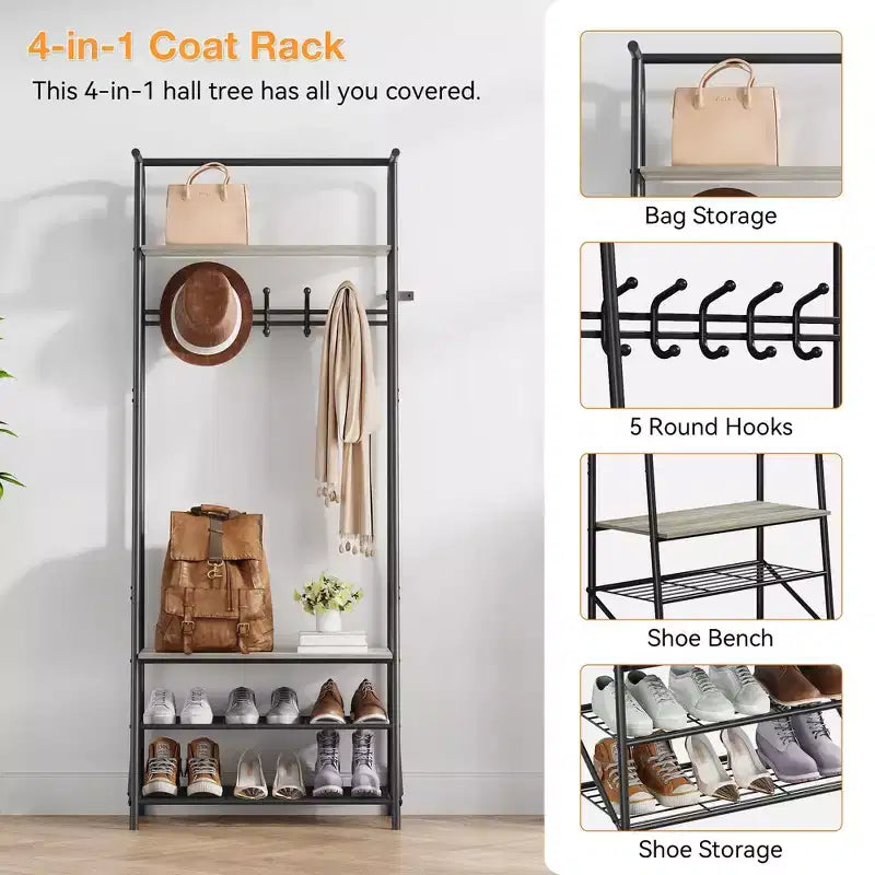 Appendiabiti da Ingresso Industriale con Ganci Doppi, Scarpiera a Panchina e Mensola Superiore - Robusto Appendiabiti con Panca in Metallo
