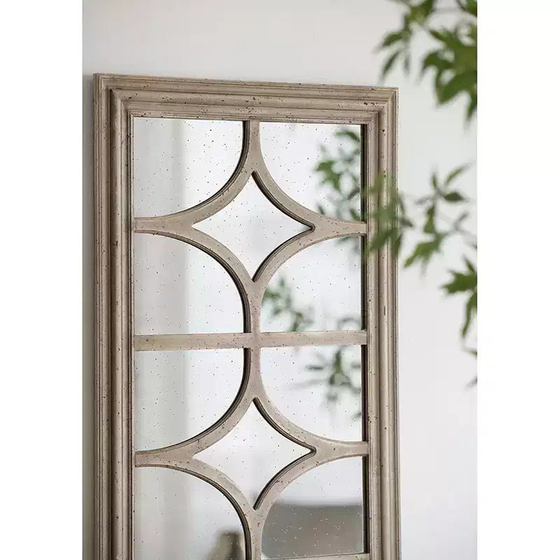 28 x 59 Inch Rectangular Wall Mirror with Distressed White Frame and Window Design