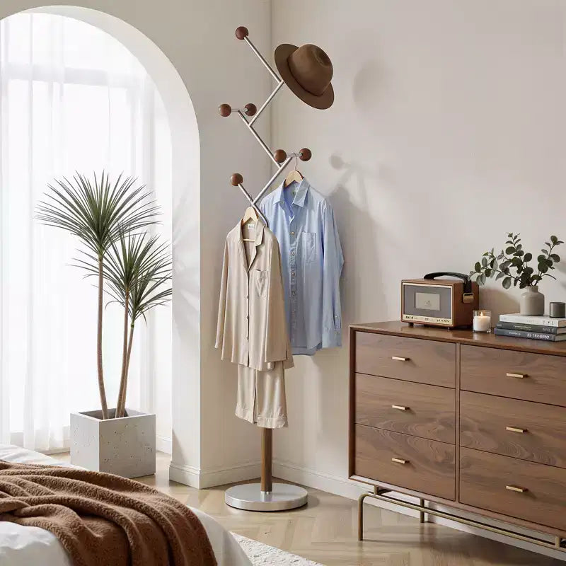Bekrvio Heavy Marble Base Freestanding Coat Rack, Extra-Stable Metal Coat Tree with 8/9 Solid Wood Hooks for Clothes, Hats & Bags