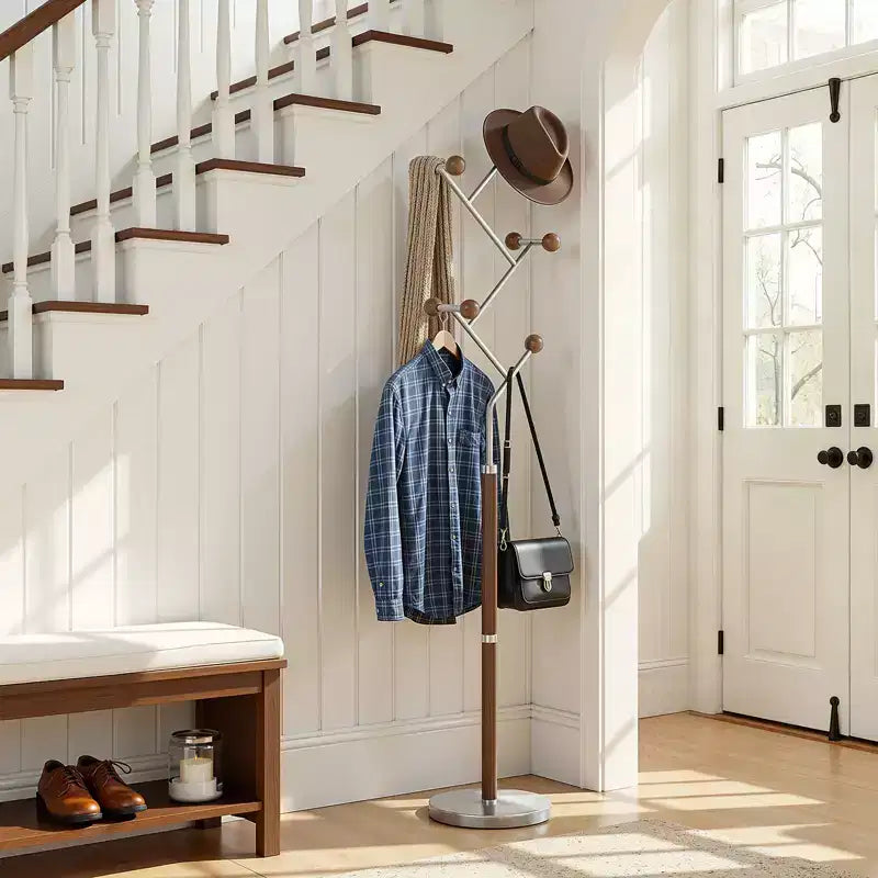 Bekrvio Heavy Marble Base Freestanding Coat Rack, Extra-Stable Metal Coat Tree with 8/9 Solid Wood Hooks for Clothes, Hats & Bags
