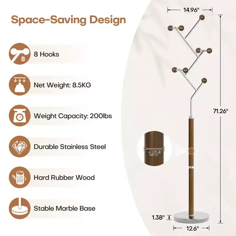Bekrvio Heavy Marble Base Freestanding Coat Rack, Extra-Stable Metal Coat Tree with 8/9 Solid Wood Hooks for Clothes, Hats & Bags