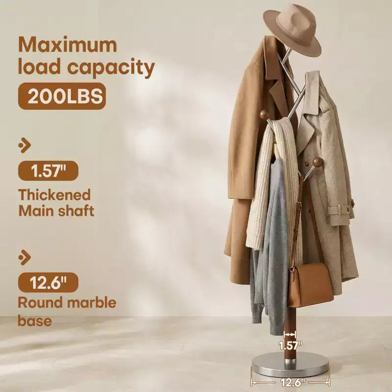 Bekrvio Heavy Marble Base Freestanding Coat Rack, Extra-Stable Metal Coat Tree with 8/9 Solid Wood Hooks for Clothes, Hats & Bags