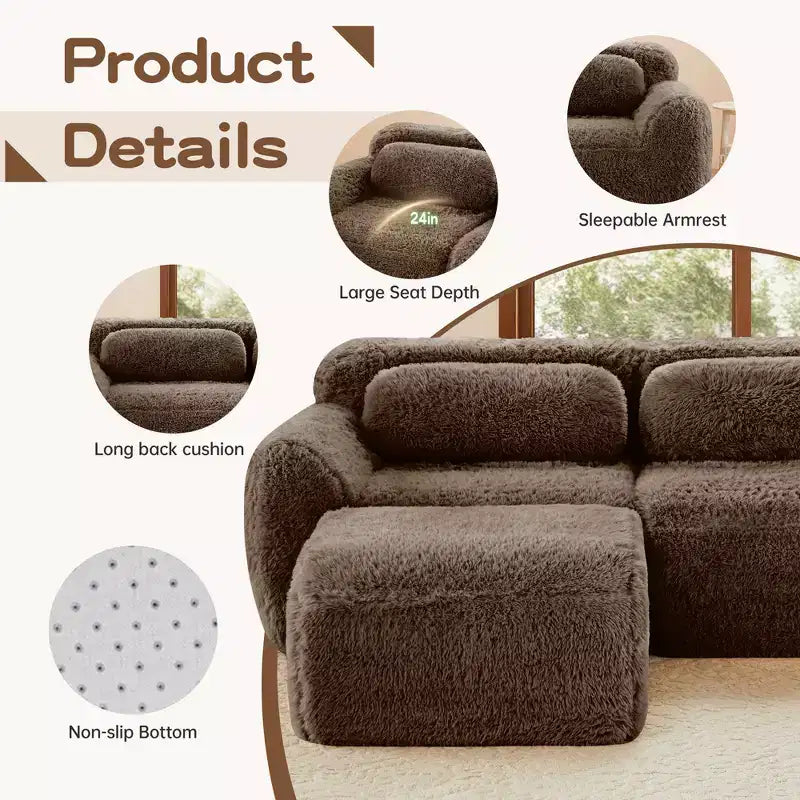 3-Seat Plush Sofa with Ottoman, 32D HD Foam, No Assembly, Anti-Slip Base, Modular for Living Room/Home Theater