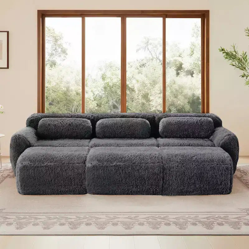 3-Seat Plush Sofa with Ottoman, 32D HD Foam, No Assembly, Anti-Slip Base, Modular for Living Room/Home Theater