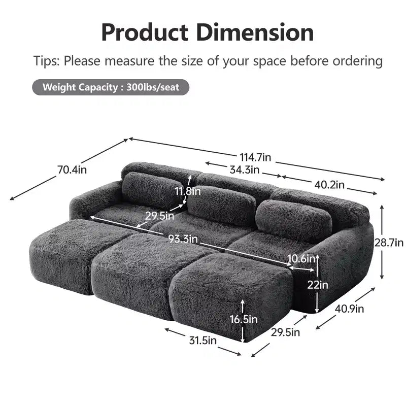 3-Seat Plush Sofa with Ottoman, 32D HD Foam, No Assembly, Anti-Slip Base, Modular for Living Room/Home Theater