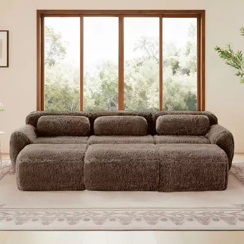 3-Seat Plush Sofa with Ottoman, 32D HD Foam, No Assembly, Anti-Slip Base, Modular for Living Room/Home Theater