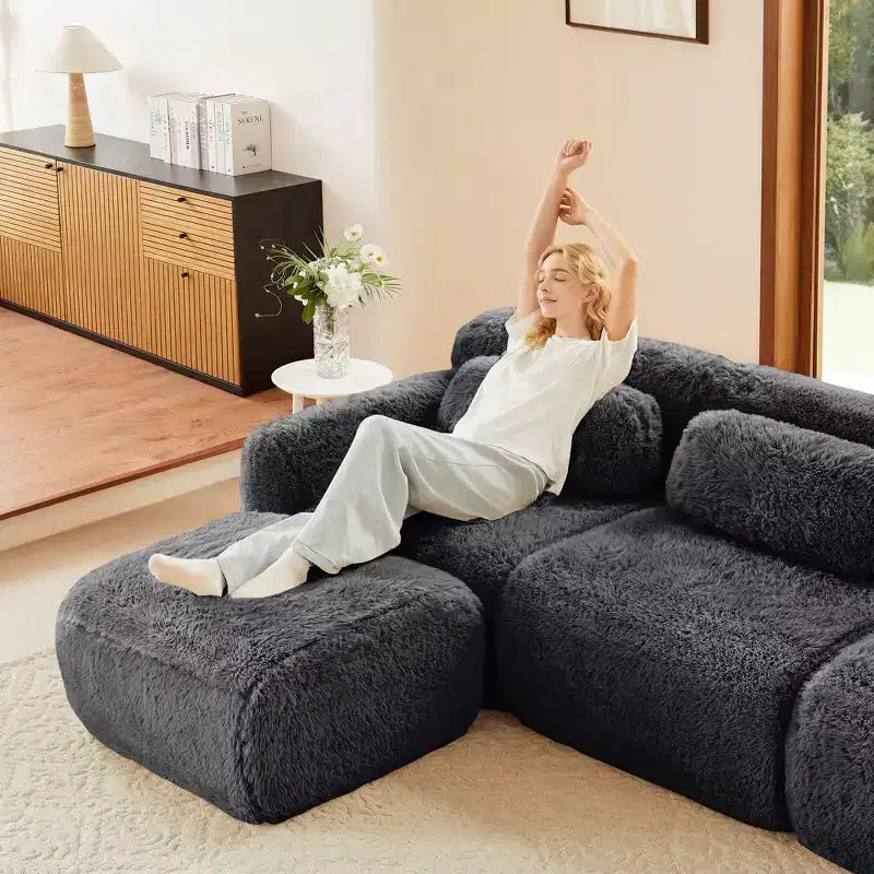3-Seat Plush Sofa with Ottoman, 32D HD Foam, No Assembly, Anti-Slip Base, Modular for Living Room/Home Theater