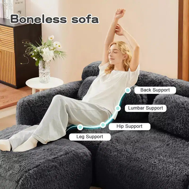 3-Seat Plush Sofa with Ottoman, 32D HD Foam, No Assembly, Anti-Slip Base, Modular for Living Room/Home Theater