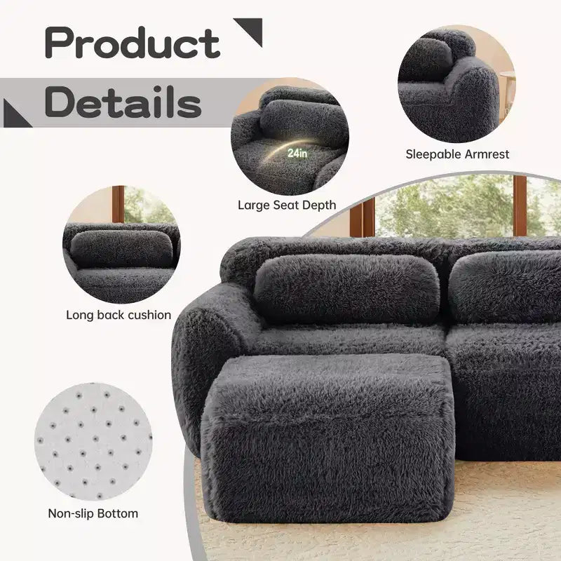 3-Seat Plush Sofa with Ottoman, 32D HD Foam, No Assembly, Anti-Slip Base, Modular for Living Room/Home Theater
