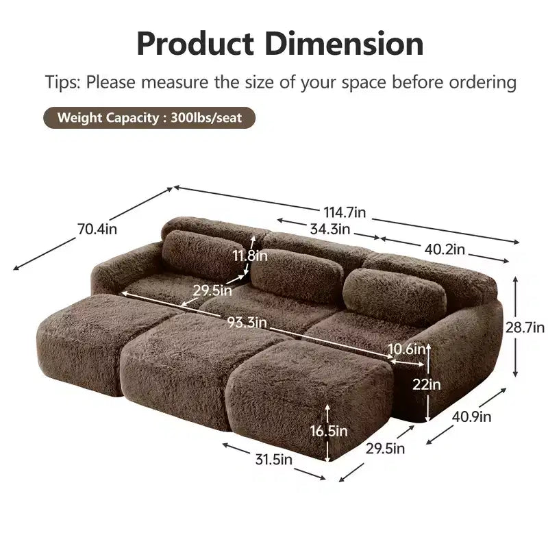 3-Seat Plush Sofa with Ottoman, 32D HD Foam, No Assembly, Anti-Slip Base, Modular for Living Room/Home Theater