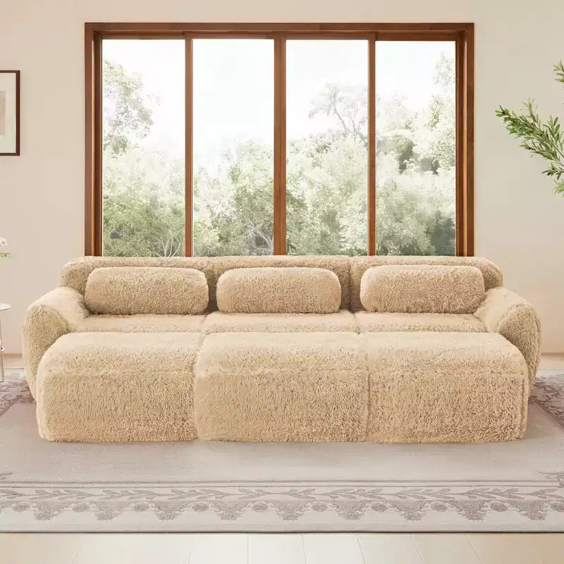 3-Seat Plush Sofa with Ottoman, 32D HD Foam, No Assembly, Anti-Slip Base, Modular for Living Room/Home Theater