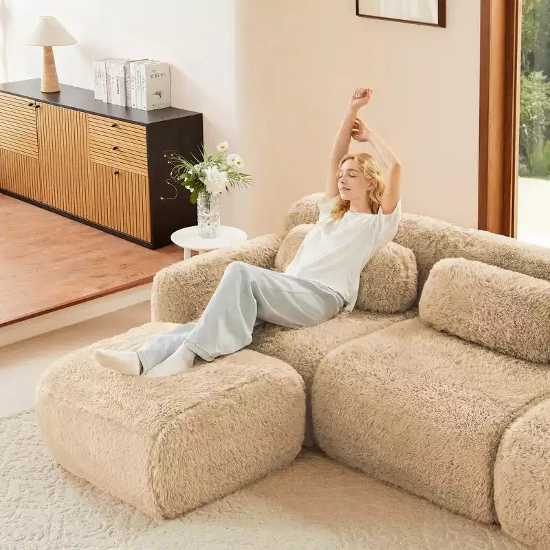 3-Seat Plush Sofa with Ottoman, 32D HD Foam, No Assembly, Anti-Slip Base, Modular for Living Room/Home Theater