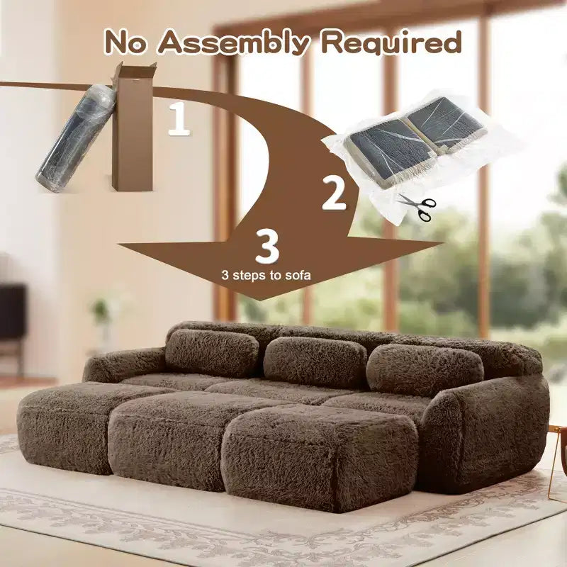 3-Seat Plush Sofa with Ottoman, 32D HD Foam, No Assembly, Anti-Slip Base, Modular for Living Room/Home Theater