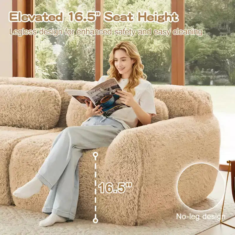 3-Seat Plush Sofa with Ottoman, 32D HD Foam, No Assembly, Anti-Slip Base, Modular for Living Room/Home Theater