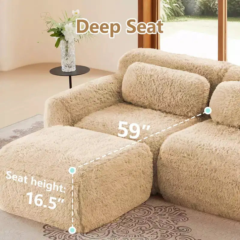 3-Seat Plush Sofa with Ottoman, 32D HD Foam, No Assembly, Anti-Slip Base, Modular for Living Room/Home Theater
