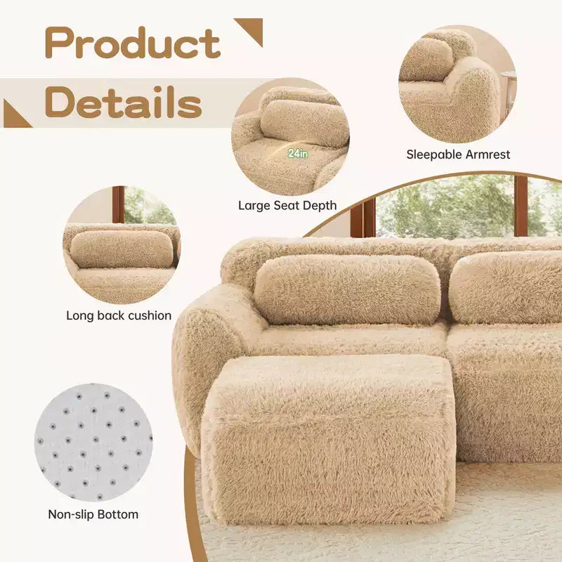 3-Seat Plush Sofa with Ottoman, 32D HD Foam, No Assembly, Anti-Slip Base, Modular for Living Room/Home Theater