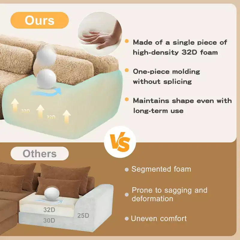 3-Seat Plush Sofa with Ottoman, 32D HD Foam, No Assembly, Anti-Slip Base, Modular for Living Room/Home Theater