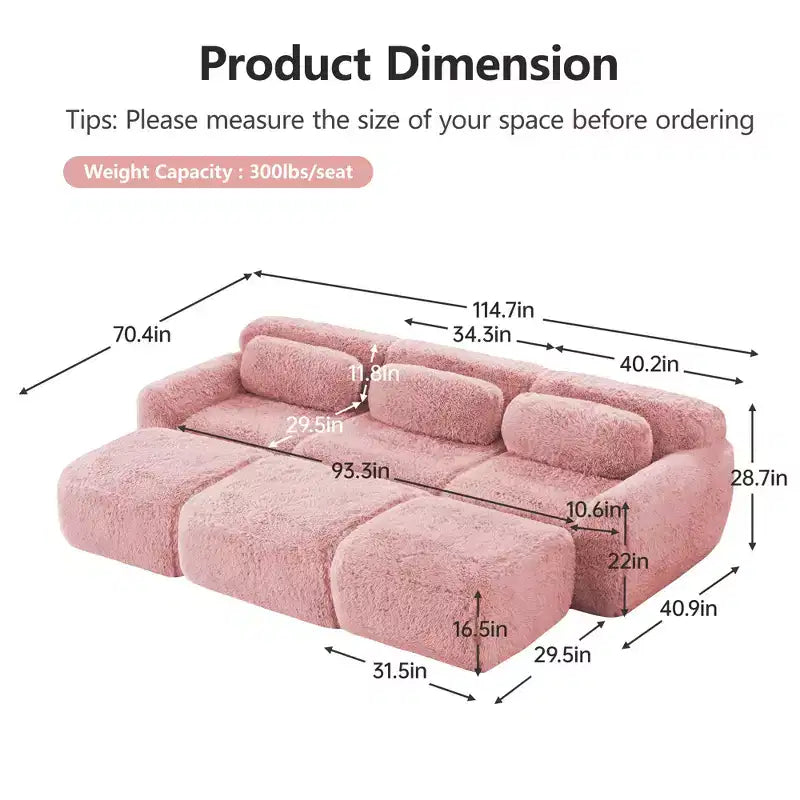 3-Seat Plush Sofa with Ottoman, 32D HD Foam, No Assembly, Anti-Slip Base, Modular for Living Room/Home Theater
