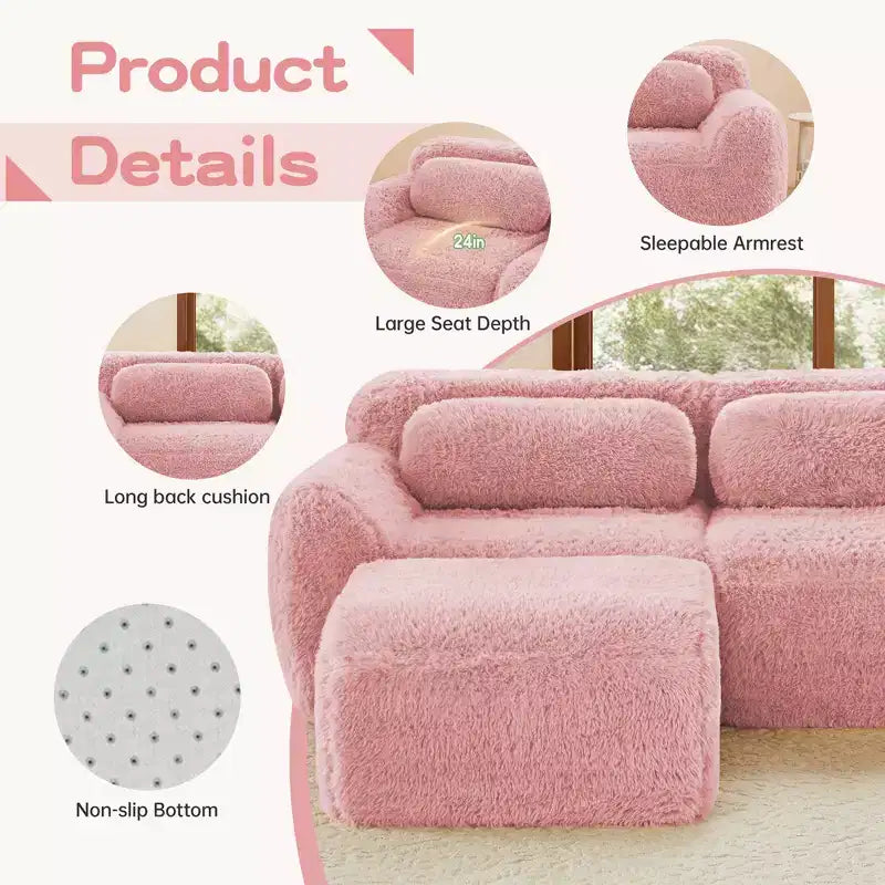 3-Seat Plush Sofa with Ottoman, 32D HD Foam, No Assembly, Anti-Slip Base, Modular for Living Room/Home Theater