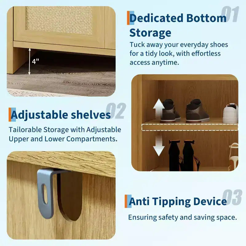 COZONY Multi-Tier Shoe Storage Cabinet w/ Rattan Doors & Adjustable Shelves for Entryway and Hallway