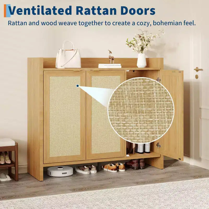 COZONY Multi-Tier Shoe Storage Cabinet w/ Rattan Doors & Adjustable Shelves for Entryway and Hallway