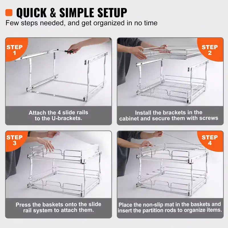 VIYET 2-Tier 20W21D Slide Out Cabinet Shelves, Heavy Duty Chrome Steel Pull Out Drawers, Under Sink/Kitchen/Bathroom