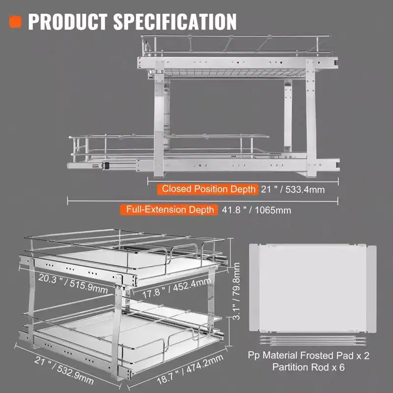 VIYET 2-Tier 20W21D Slide Out Cabinet Shelves, Heavy Duty Chrome Steel Pull Out Drawers, Under Sink/Kitchen/Bathroom