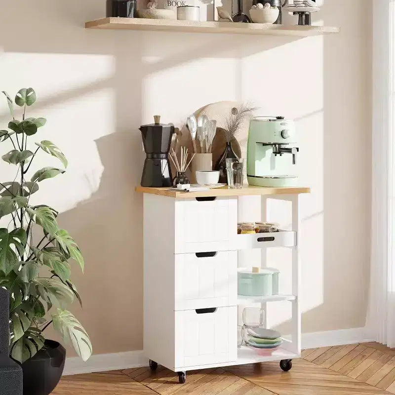 Celebalcony Kitchen Island Cart with Storage,Rolling Kitchen Island Storage Cabinet,Side Table on Wheels,3 Open Shelves and Drawers for Kitchen
