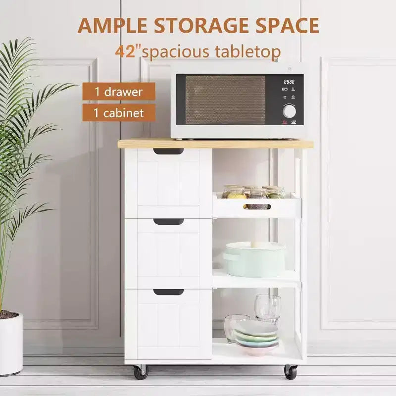 Celebalcony Kitchen Island Cart with Storage,Rolling Kitchen Island Storage Cabinet,Side Table on Wheels,3 Open Shelves and Drawers for Kitchen